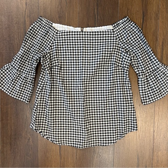 White House Black Market Black and White Of The Shoulder Gingham Blouse SZ SM - Picture 2 of 7